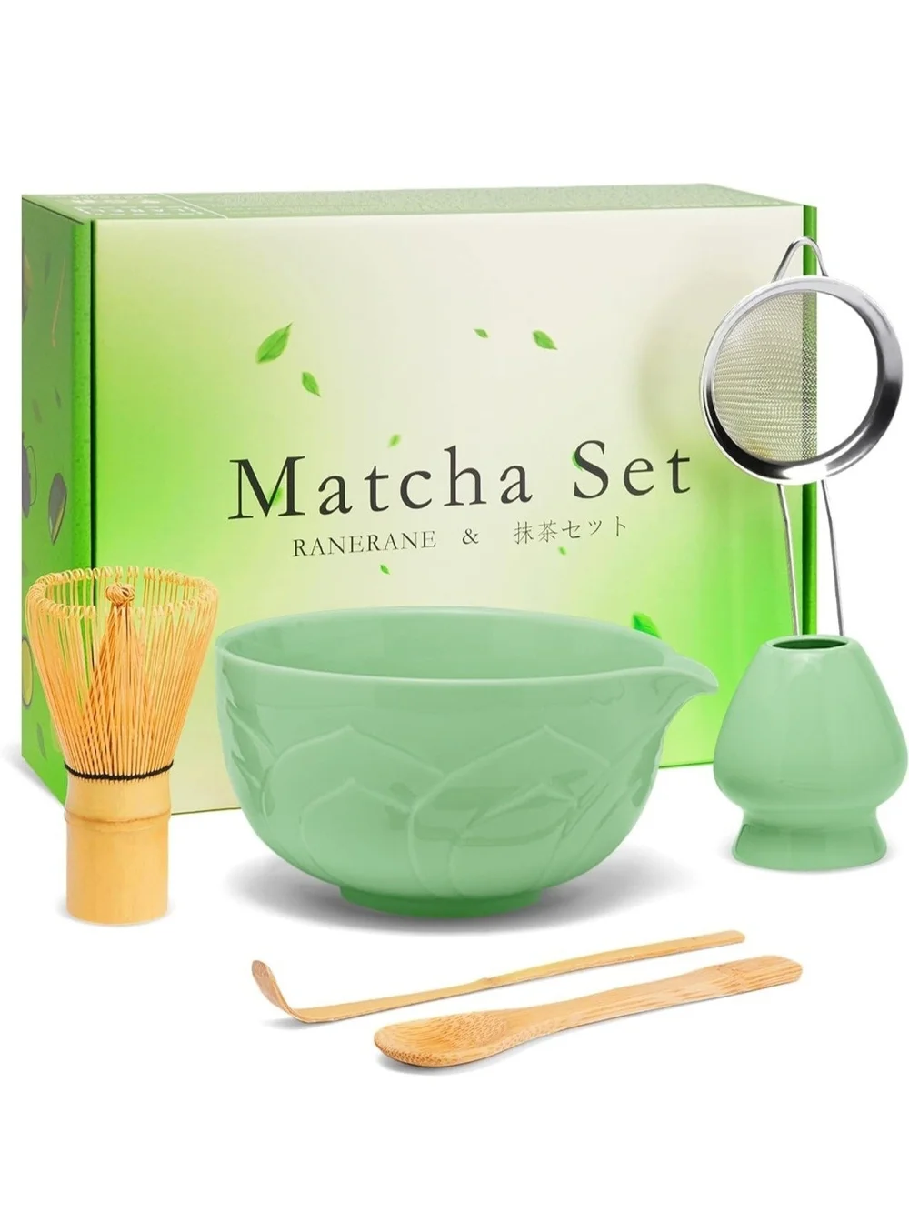 Ceramic Matcha Tea Set Lotus Cyan Green - Complete Home Kitchen Kit 6 Pieces